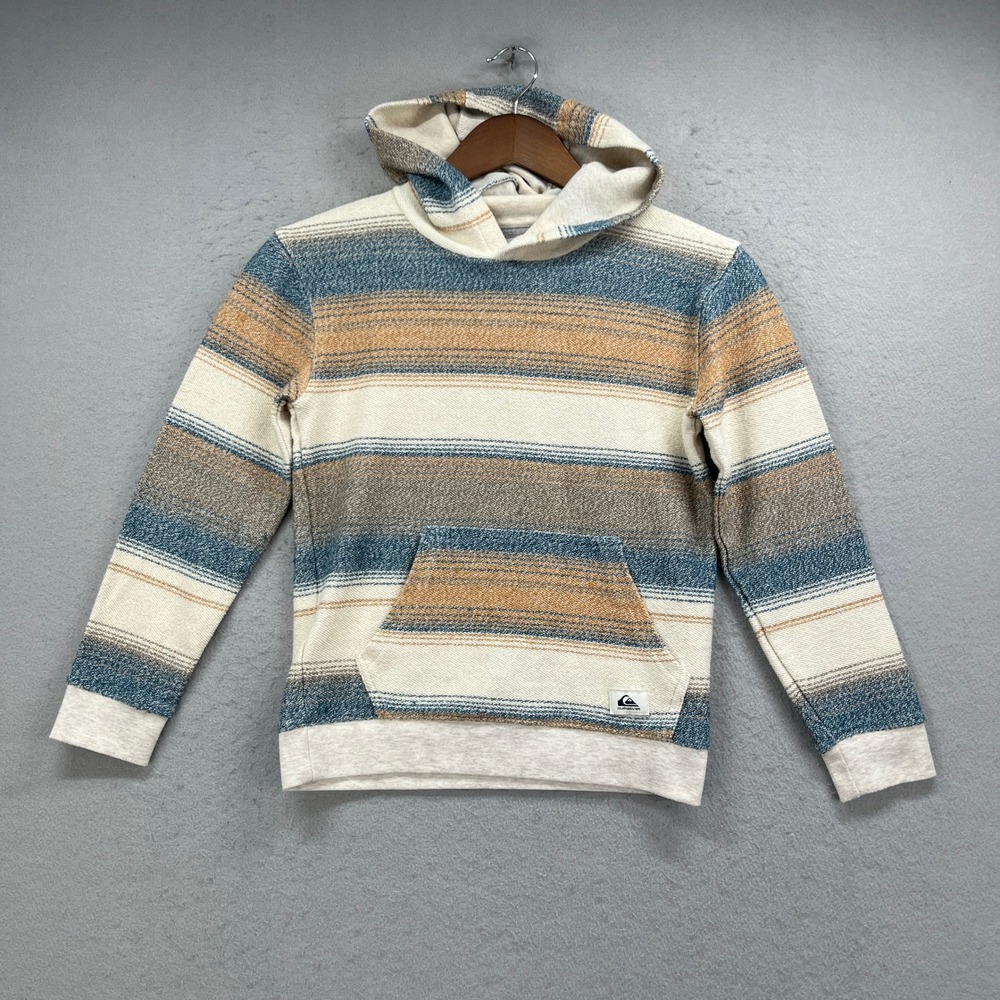 Quiksilver Hoodie Pullover Kids S Cream Blue Striped Baja Surf Skate Beach Boho